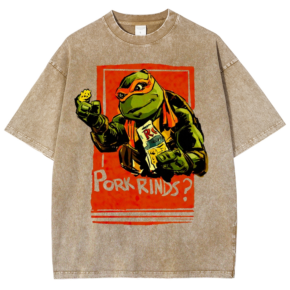 Funny Cartoon Turtle Snack Graphic Washed T-Shirt 