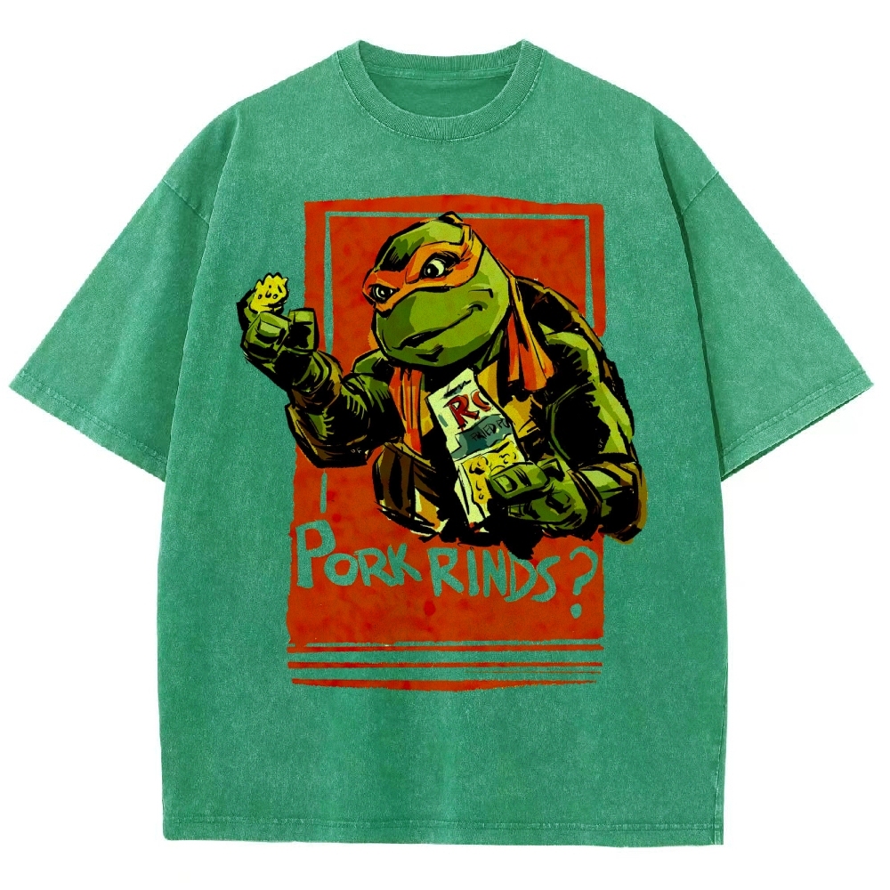 Funny Cartoon Turtle Snack Graphic Washed T-Shirt 