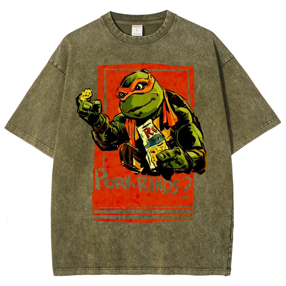 Funny Cartoon Turtle Snack Graphic Washed T-Shirt 