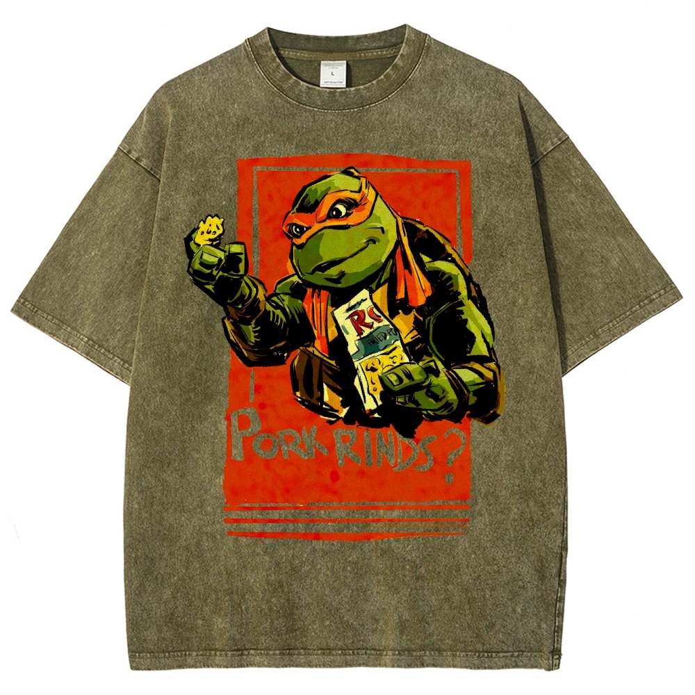 Funny Cartoon Turtle Snack Graphic Washed T-Shirt 