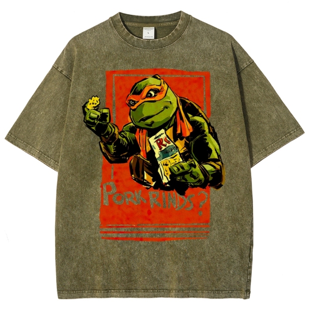 Funny Cartoon Turtle Snack Graphic Washed T-Shirt 