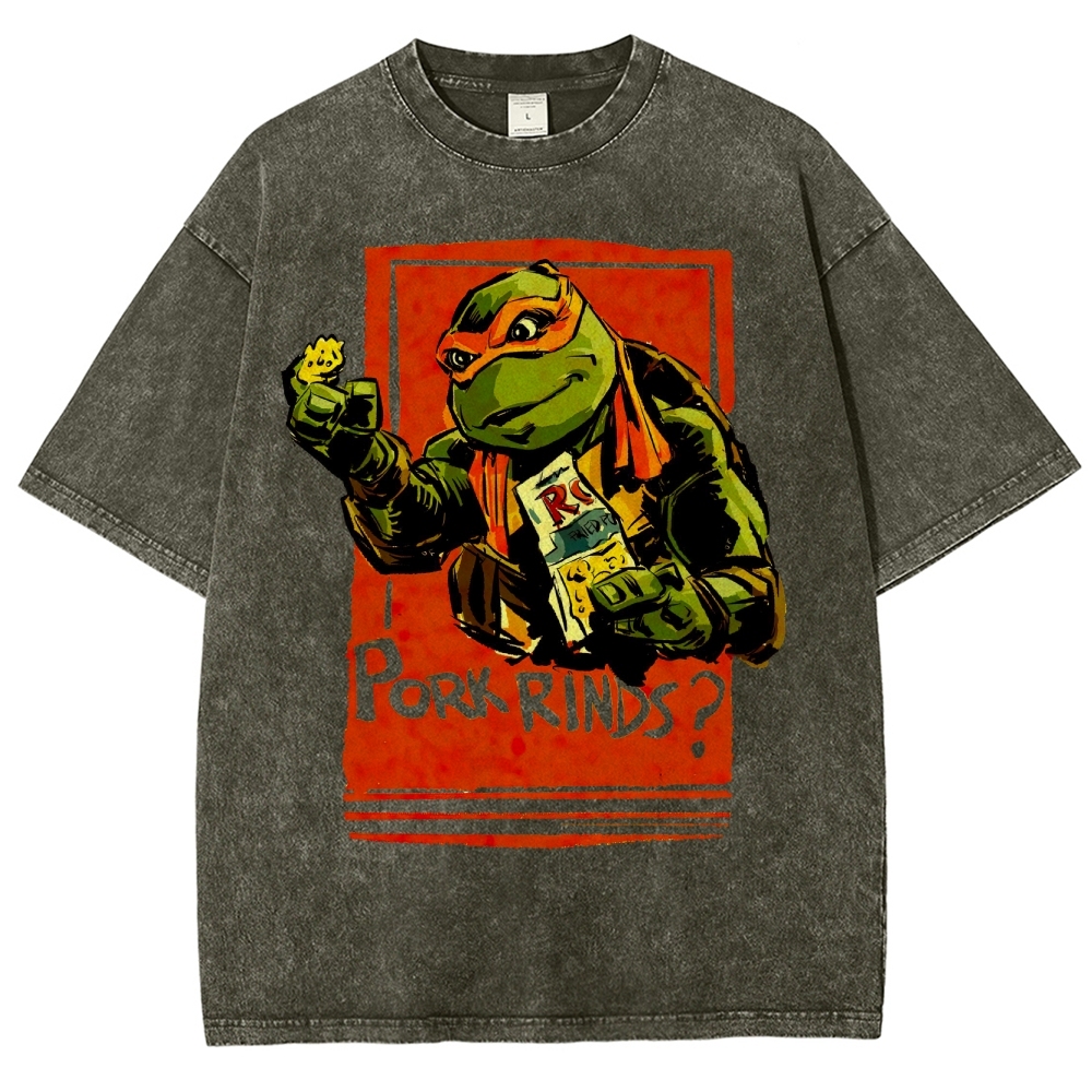 Funny Cartoon Turtle Snack Graphic Washed T-Shirt 