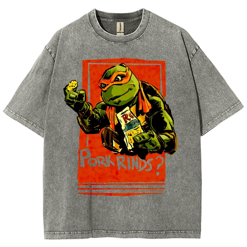 Funny Cartoon Turtle Snack Graphic Washed T-Shirt 