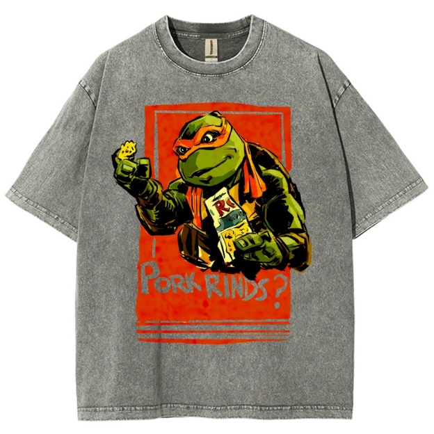 Funny Cartoon Turtle Snack Graphic Washed T-Shirt 