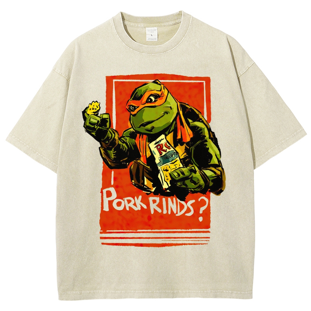 Funny Cartoon Turtle Snack Graphic Washed T-Shirt 