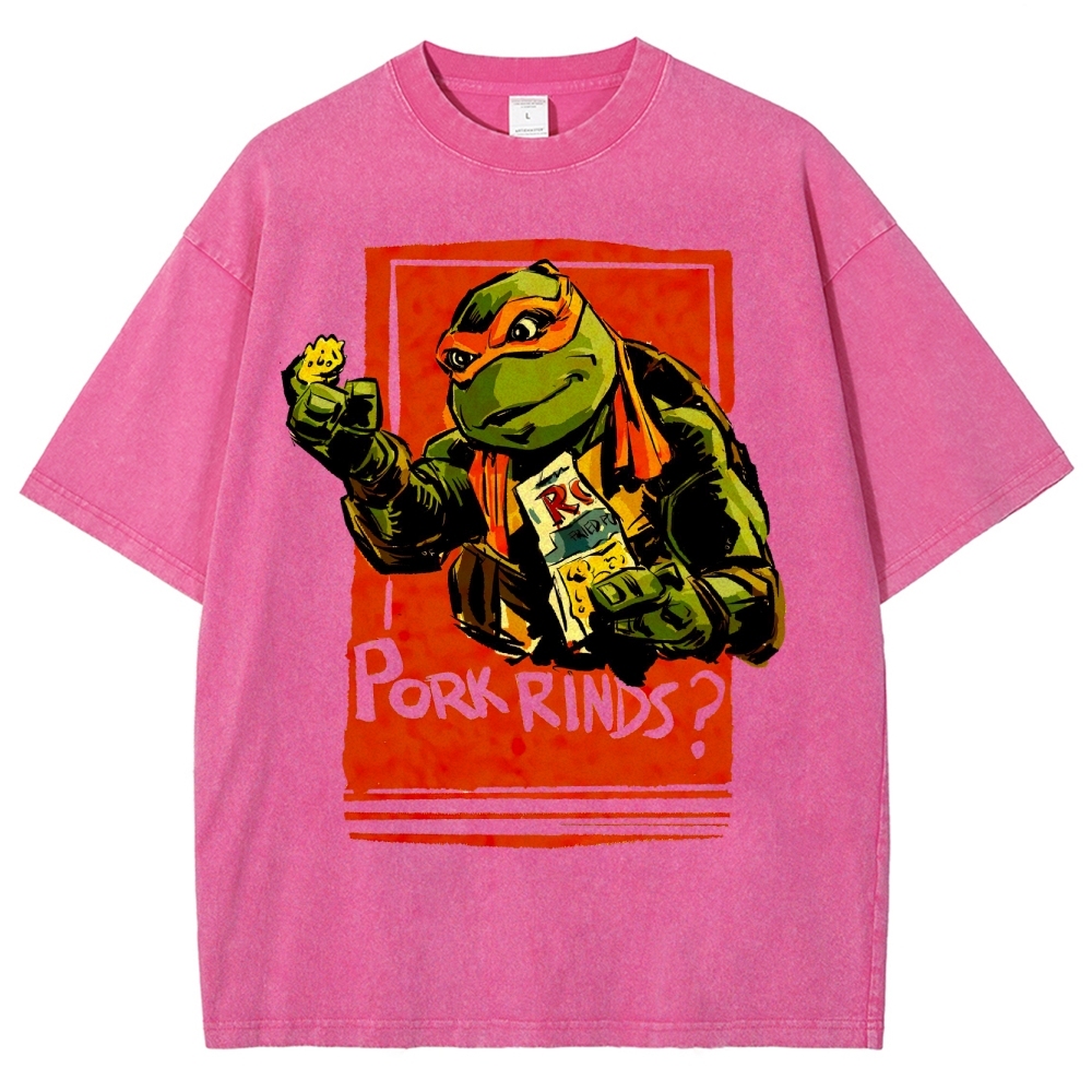 Funny Cartoon Turtle Snack Graphic Washed T-Shirt 
