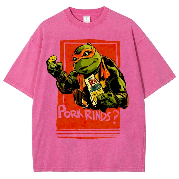 Funny Cartoon Turtle Snack Graphic Washed T-Shirt 