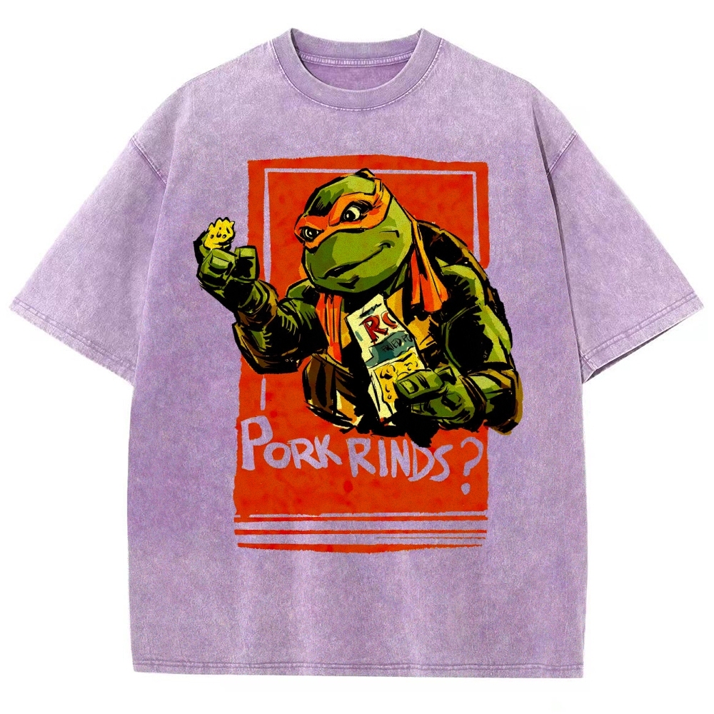 Funny Cartoon Turtle Snack Graphic Washed T-Shirt 