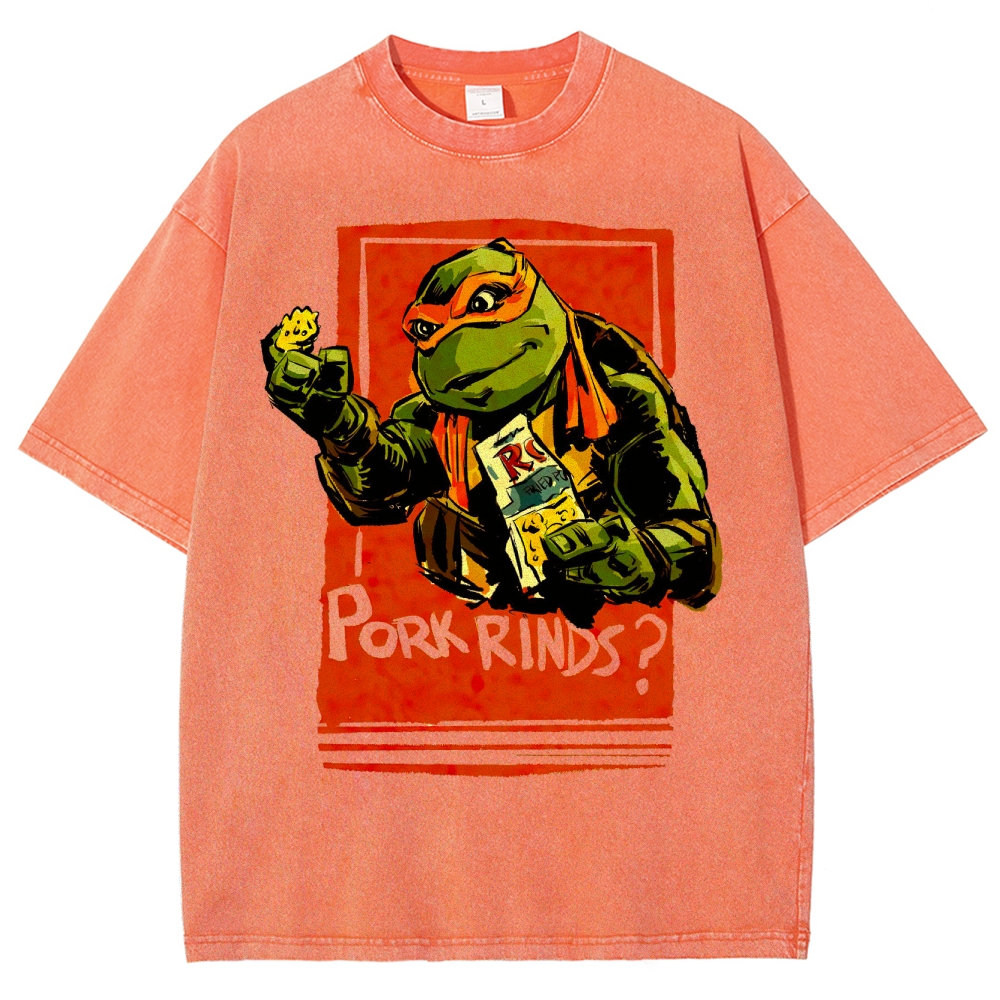 Funny Cartoon Turtle Snack Graphic Washed T-Shirt 