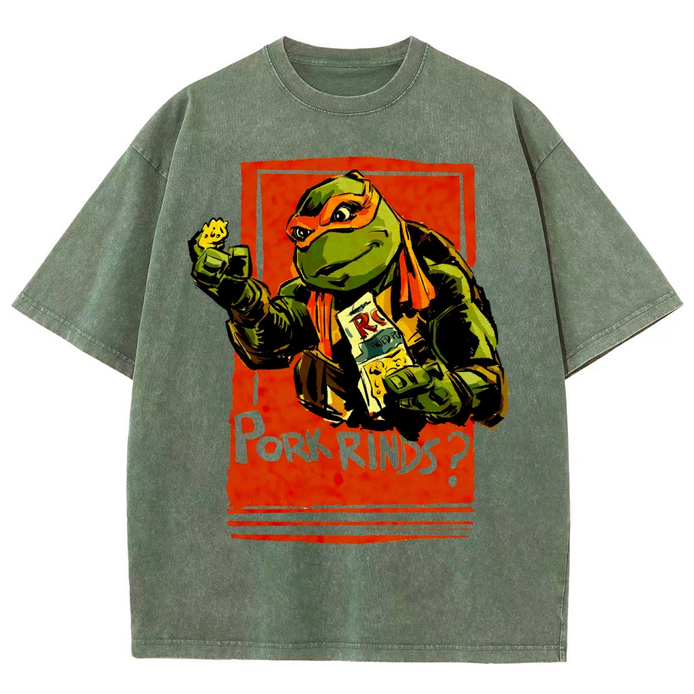 Funny Cartoon Turtle Snack Graphic Washed T-Shirt 