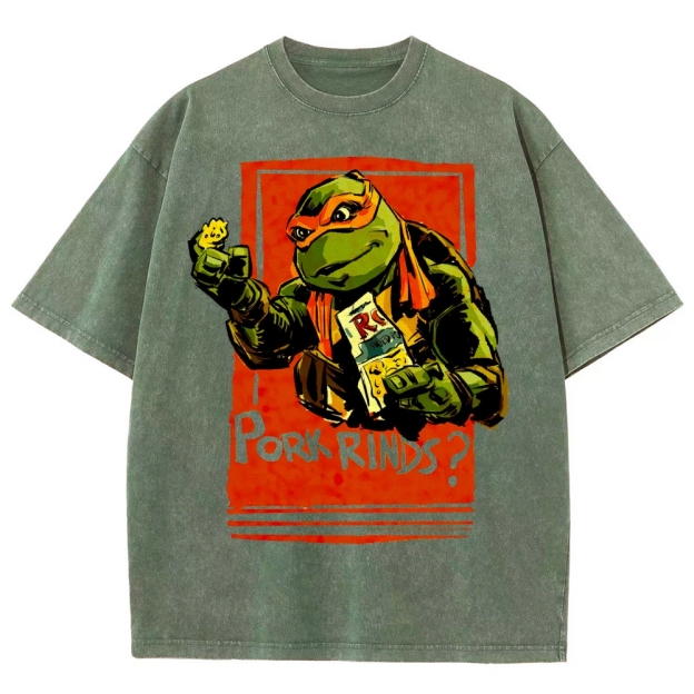 Funny Cartoon Turtle Snack Graphic Washed T-Shirt 