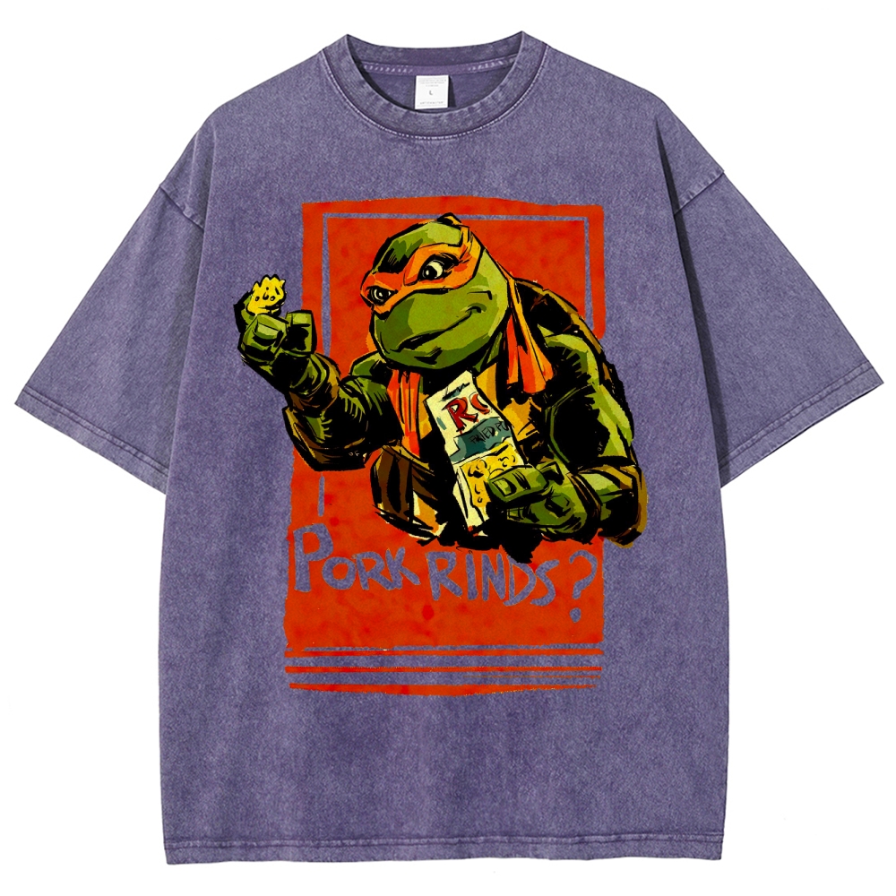 Funny Cartoon Turtle Snack Graphic Washed T-Shirt 