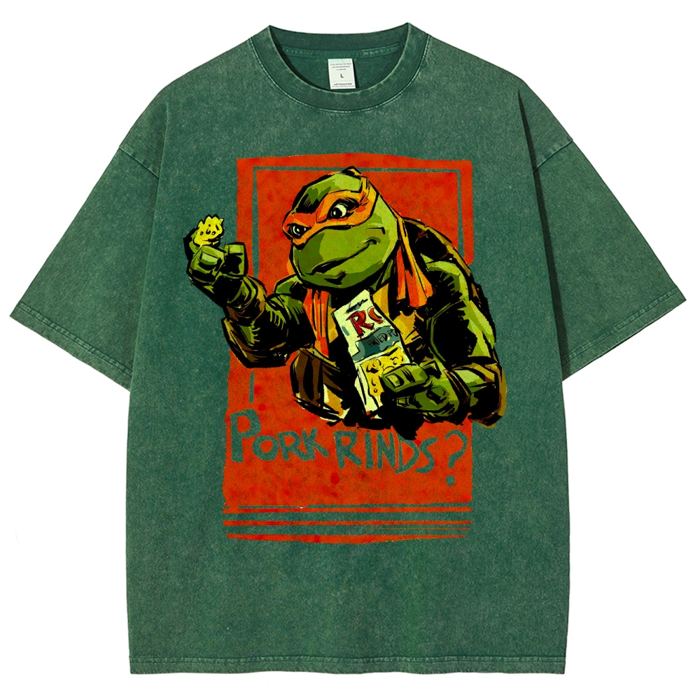 Funny Cartoon Turtle Snack Graphic Washed T-Shirt 