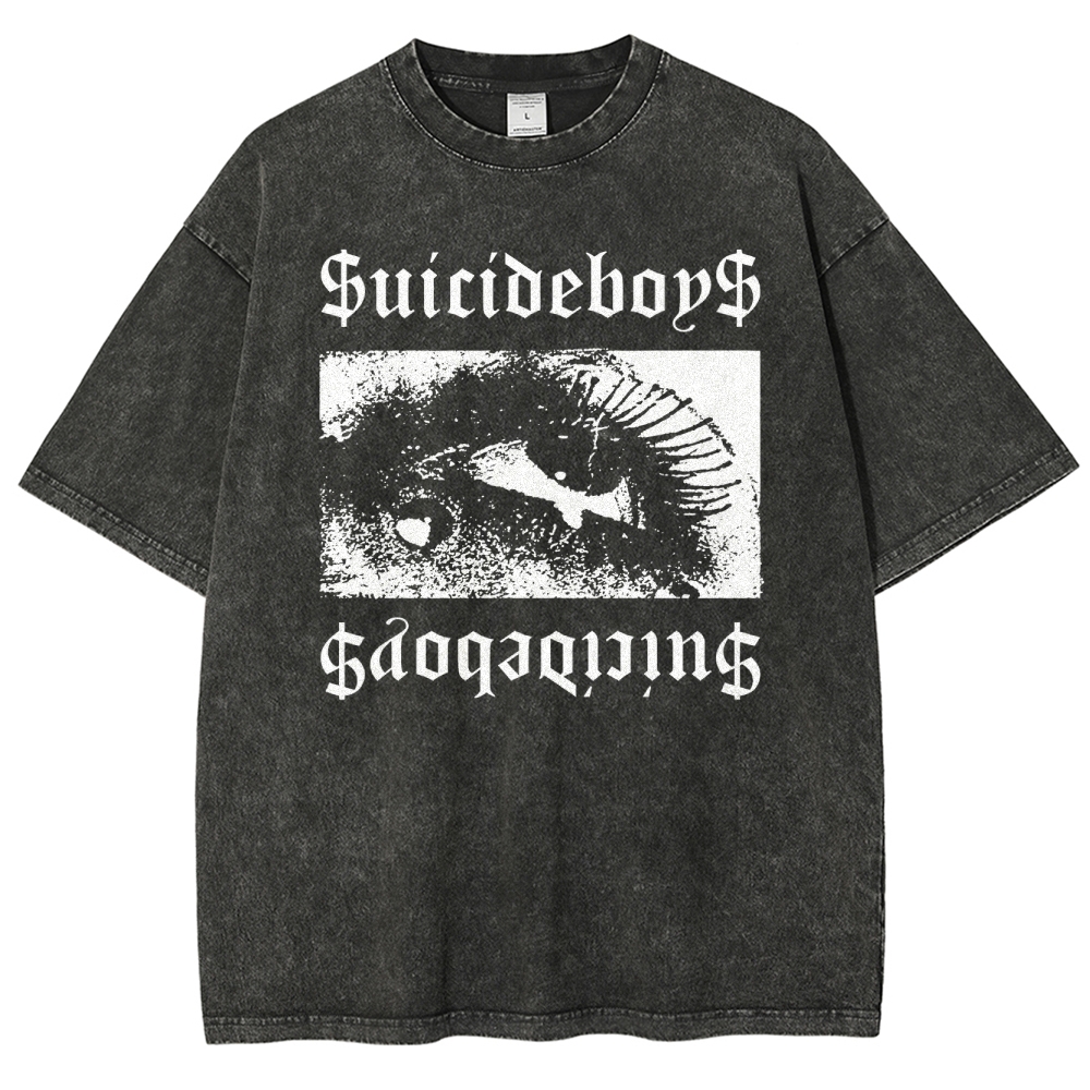 Gothic Eye Monochrome Streetwear Washed T-Shirt 