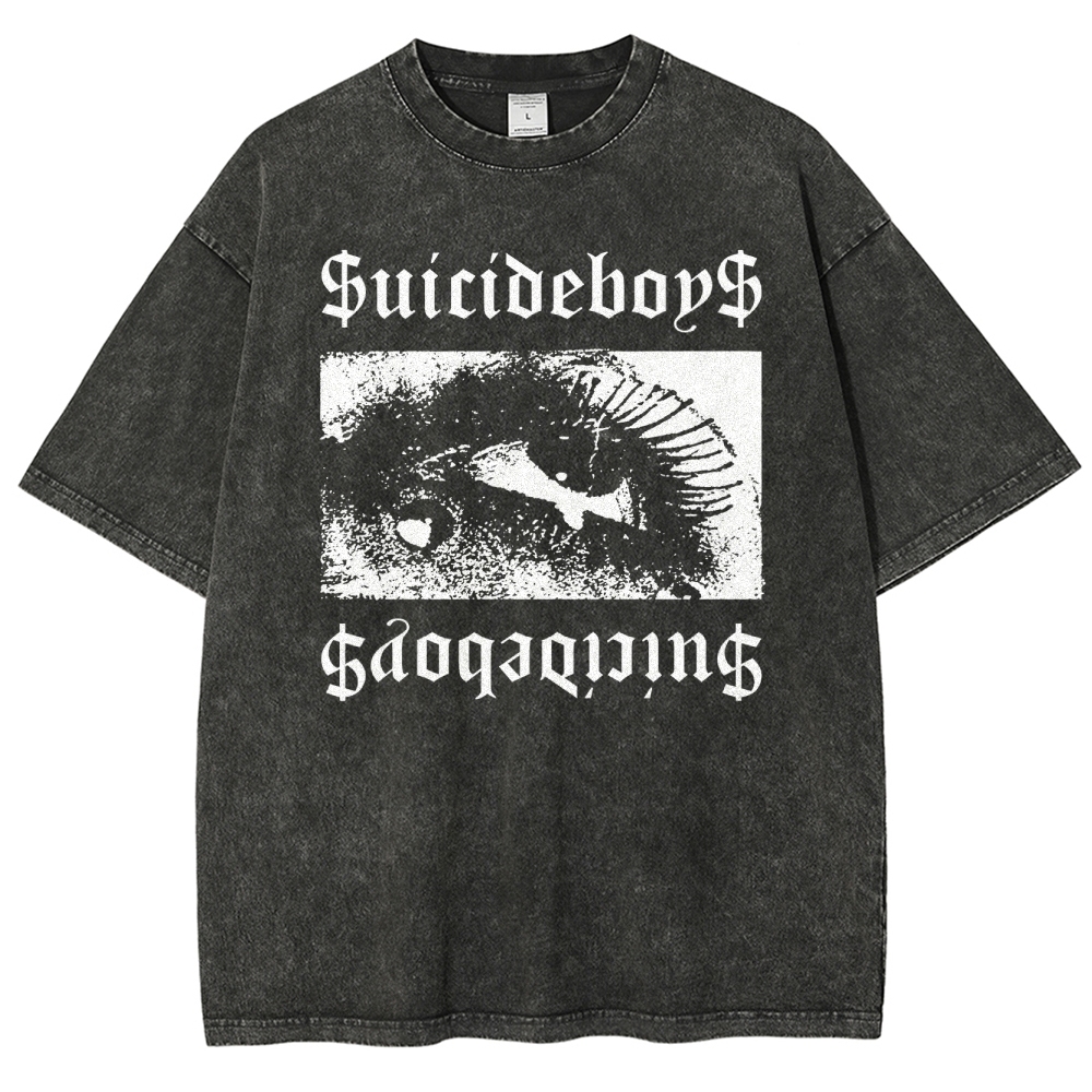 Gothic Eye Monochrome Streetwear Washed T-Shirt 