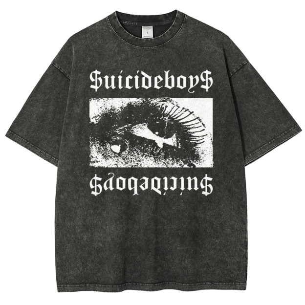 Gothic Eye Monochrome Streetwear Washed T-Shirt 