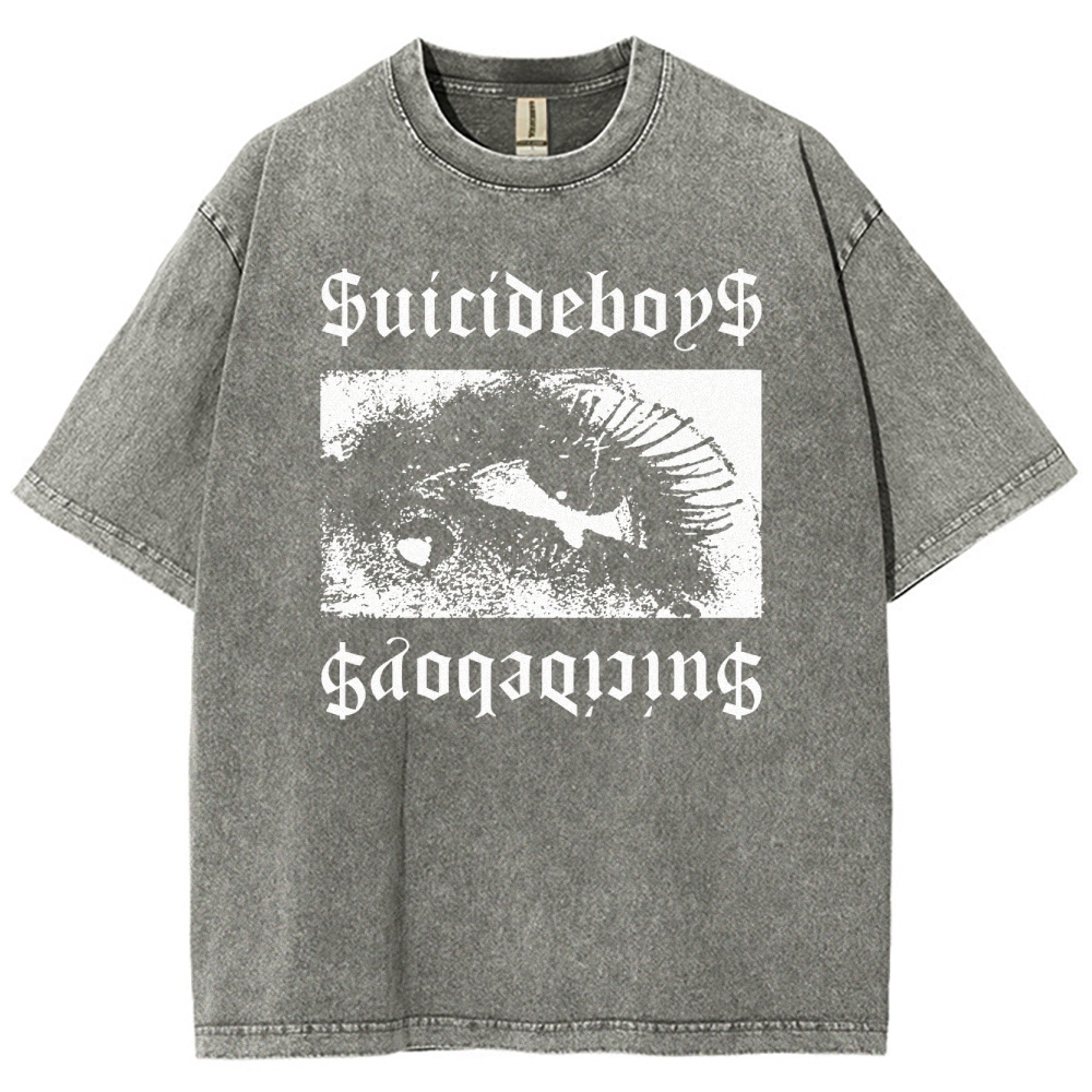 Gothic Eye Monochrome Streetwear Washed T-Shirt 