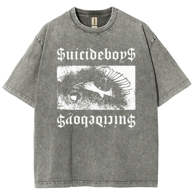 Gothic Eye Monochrome Streetwear Washed T-Shirt 