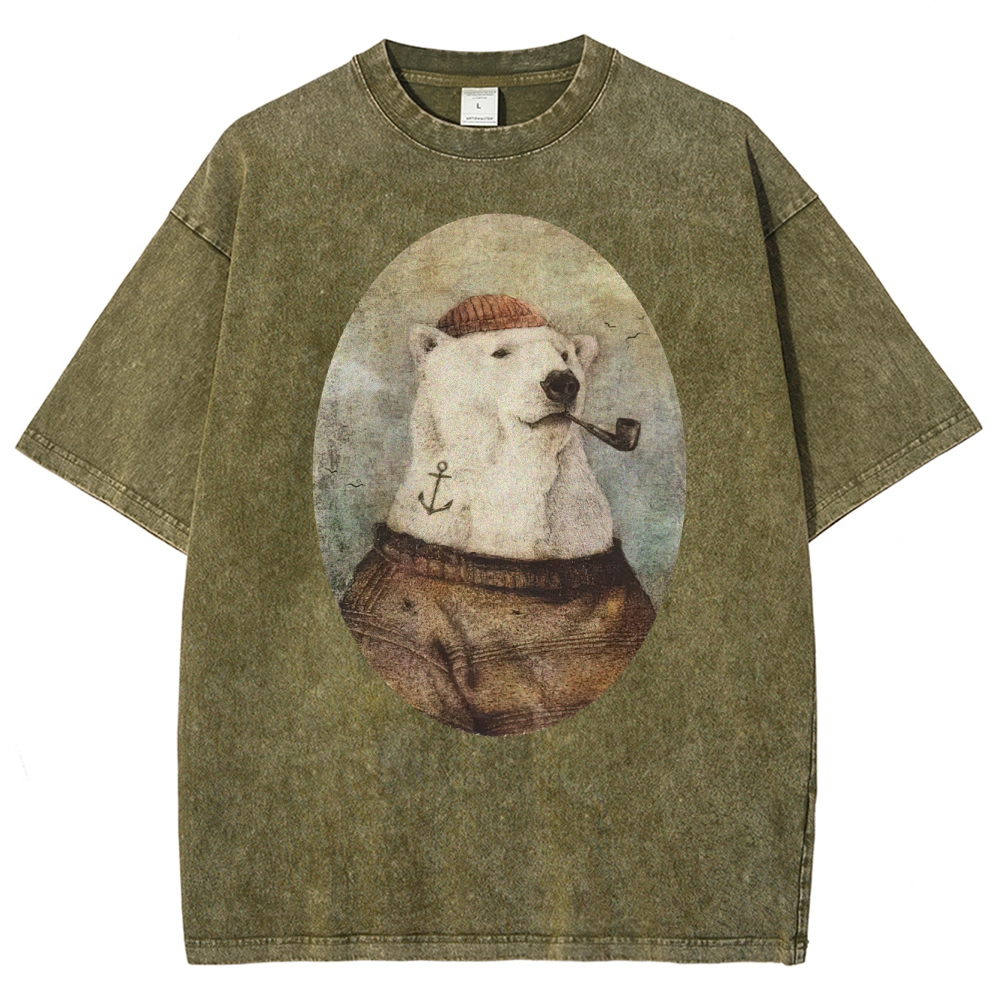 Vintage Polar Bear Portrait Graphic Washed T-Shirt 