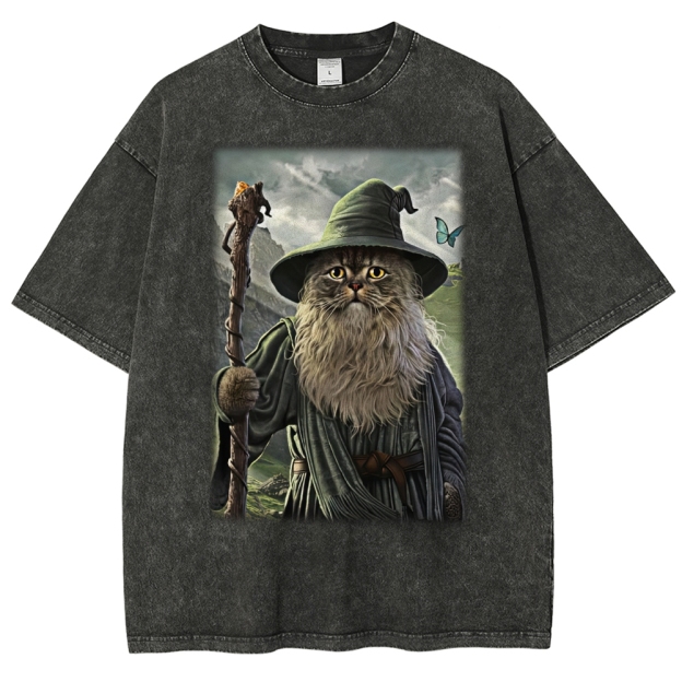 Wizard Cat  Fantasy Magic Adventure Washed T-Shirt 