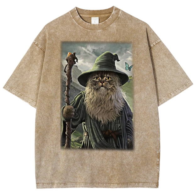 Wizard Cat  Fantasy Magic Adventure Washed T-Shirt 