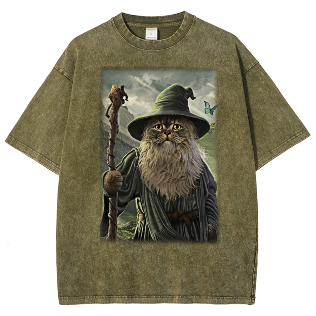 Wizard Cat  Fantasy Magic Adventure Washed T-Shirt 