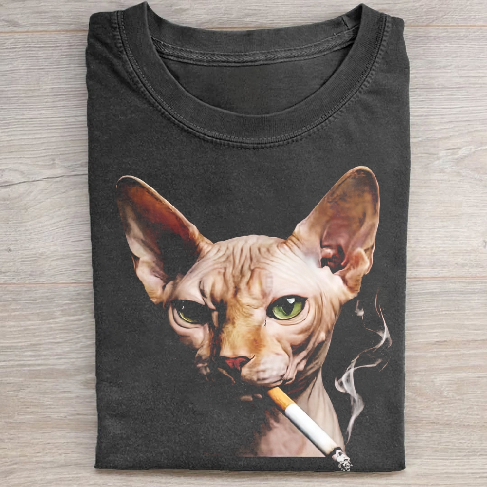 Funny Sphynx Cat Smoking  Vintage Washed Tee