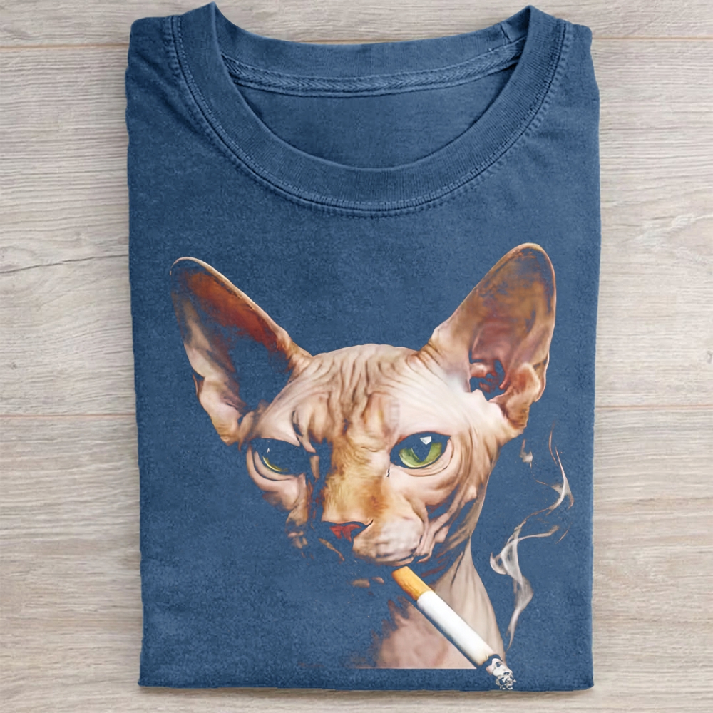 Funny Sphynx Cat Smoking  Vintage Washed Tee