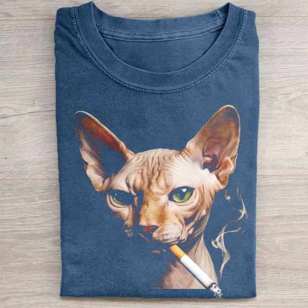 Funny Sphynx Cat Smoking  Vintage Washed Tee