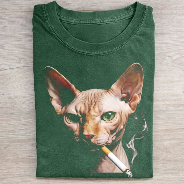 Funny Sphynx Cat Smoking  Vintage Washed Tee