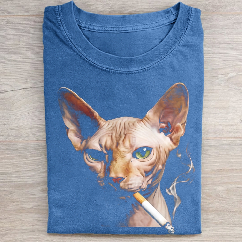 Funny Sphynx Cat Smoking  Vintage Washed Tee