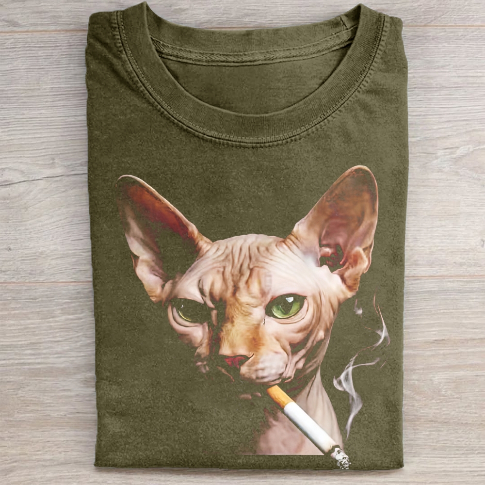 Funny Sphynx Cat Smoking  Vintage Washed Tee