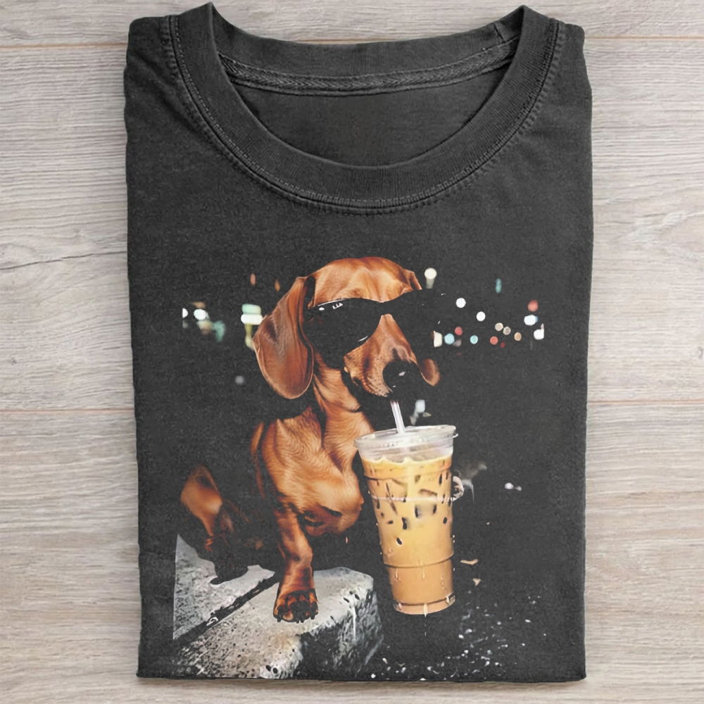 Funny Dachshund Drinking Iced Coffee Washed Tee 