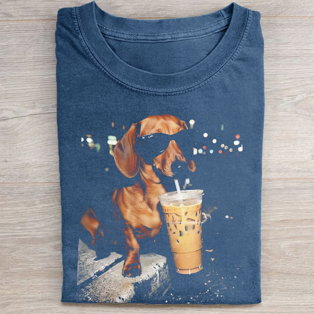 Funny Dachshund Drinking Iced Coffee Washed Tee 