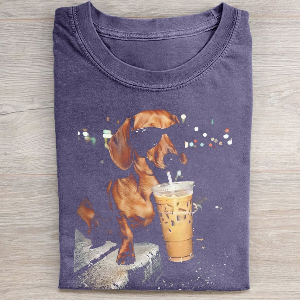 Funny Dachshund Drinking Iced Coffee Washed Tee 