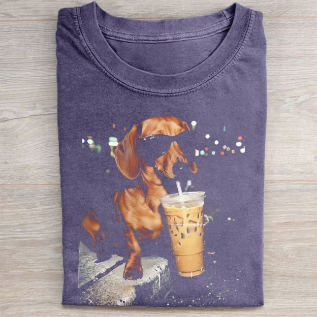 Funny Dachshund Drinking Iced Coffee Washed Tee 
