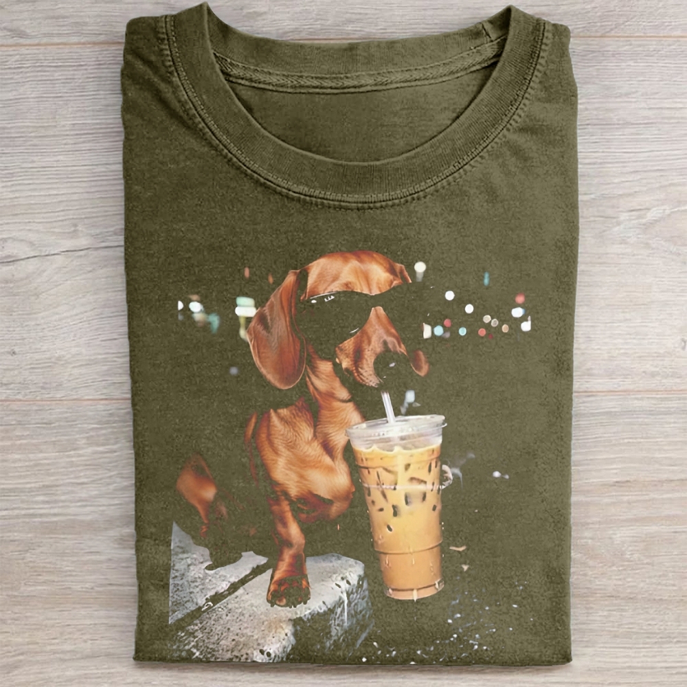 Funny Dachshund Drinking Iced Coffee Washed Tee 
