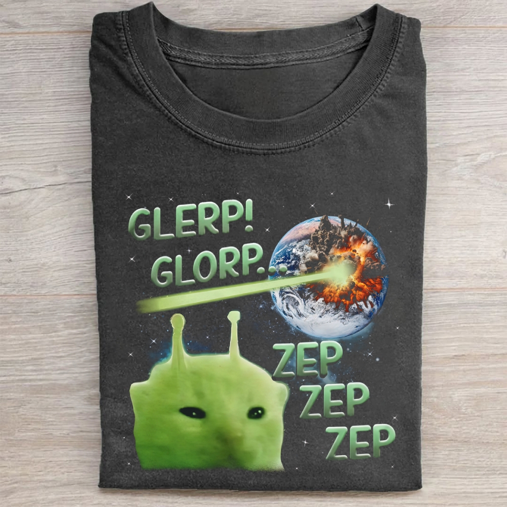 Glerp Glorp Funny Alien Cat Meme Washed Tee 