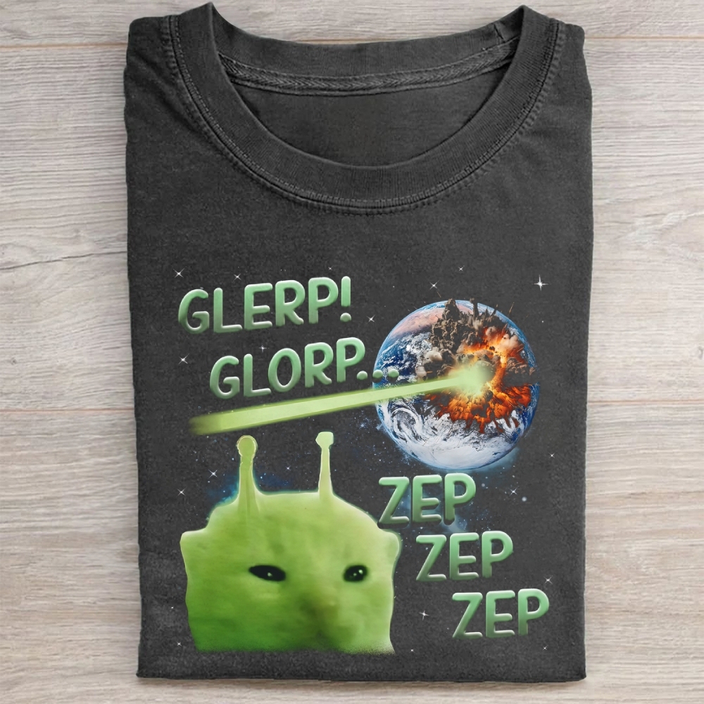 Glerp Glorp Funny Alien Cat Meme Washed Tee