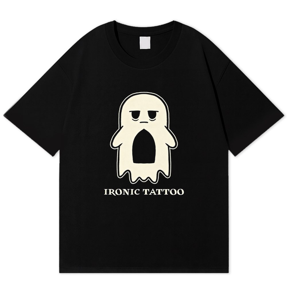 Grumpy Ghost Ironic Tattoo Minimal Lazy Cotton T-shirt