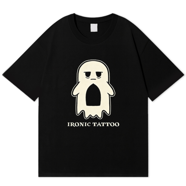 Grumpy Ghost Ironic Tattoo Minimal Lazy Cotton T-shirt