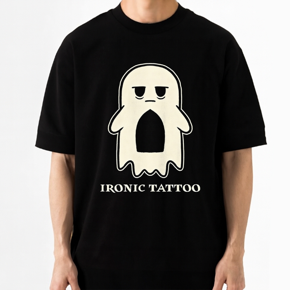 Grumpy Ghost Ironic Tattoo Minimal Lazy Cotton T-shirt