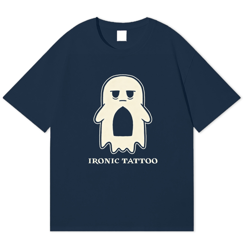 Grumpy Ghost Ironic Tattoo Minimal Lazy Cotton T-shirt