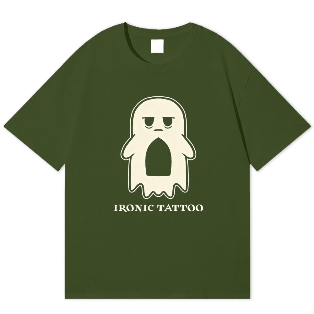 Grumpy Ghost Ironic Tattoo Minimal Lazy Cotton T-shirt