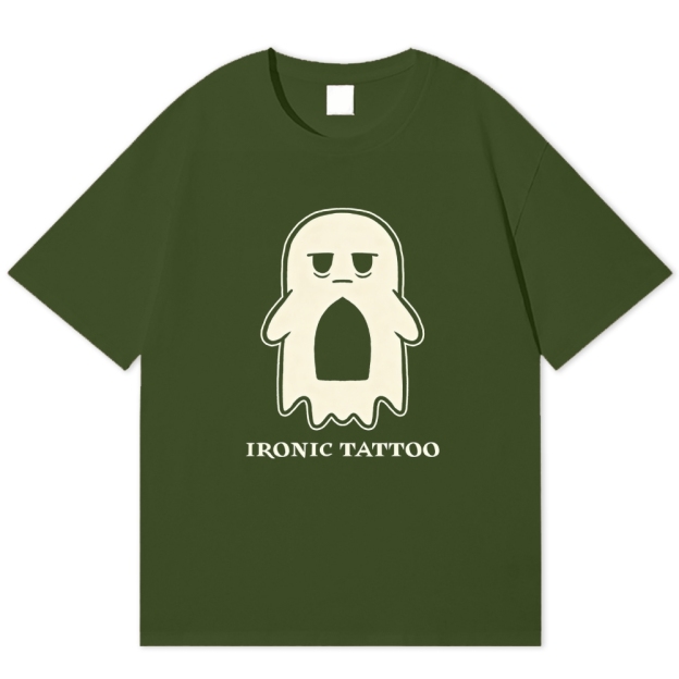Grumpy Ghost Ironic Tattoo Minimal Lazy Cotton T-shirt