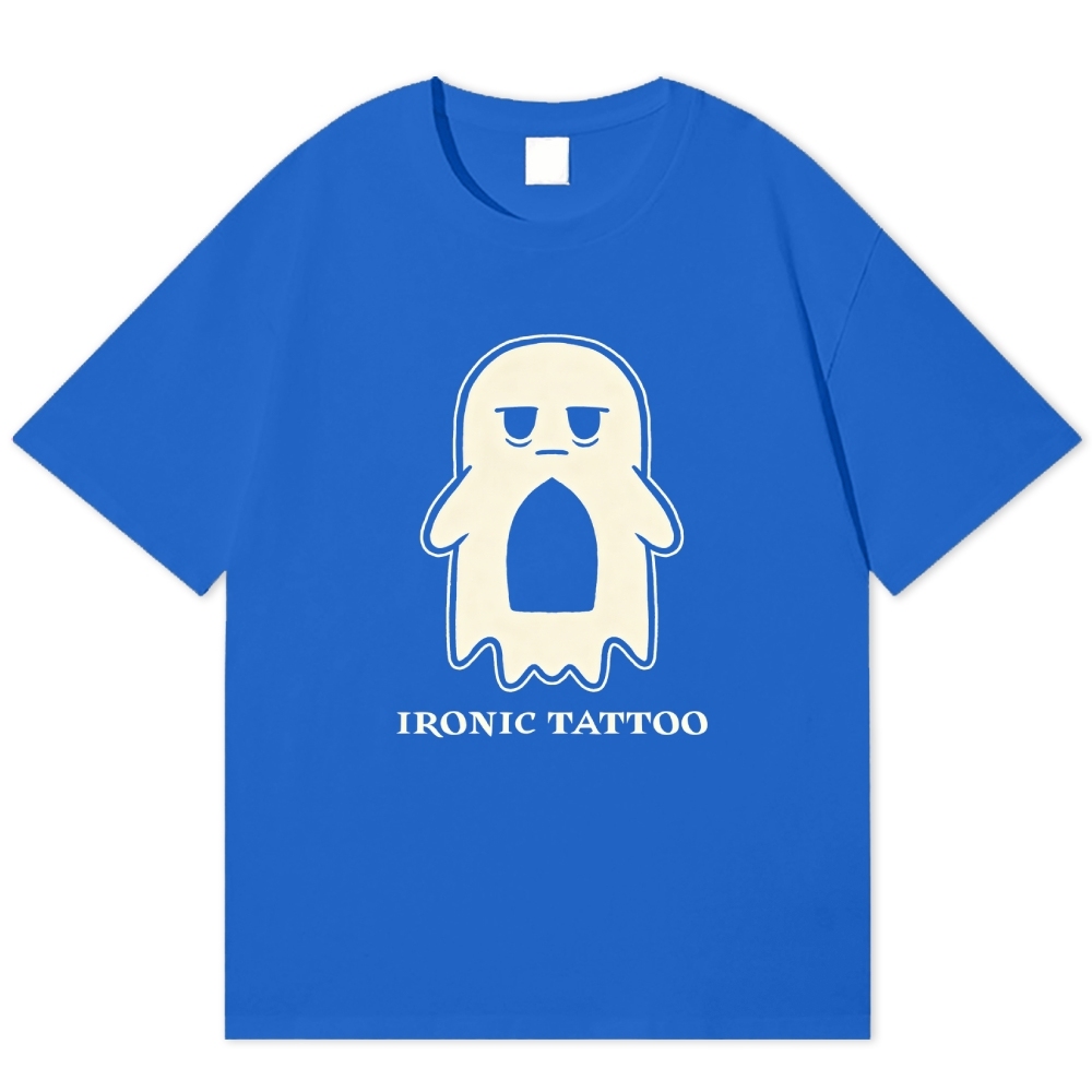 Grumpy Ghost Ironic Tattoo Minimal Lazy Cotton T-shirt