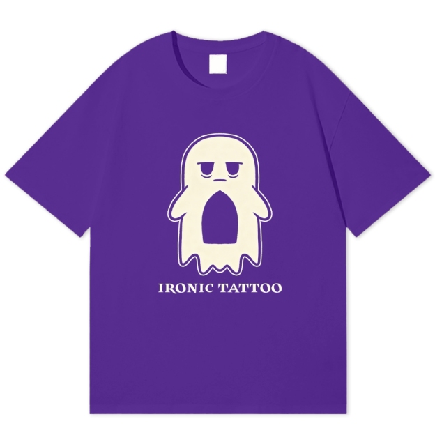 Grumpy Ghost Ironic Tattoo Minimal Lazy Cotton T-shirt