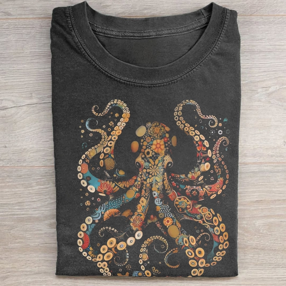 Vintage Flower Patterns Floral Octopus  Washed Tee 