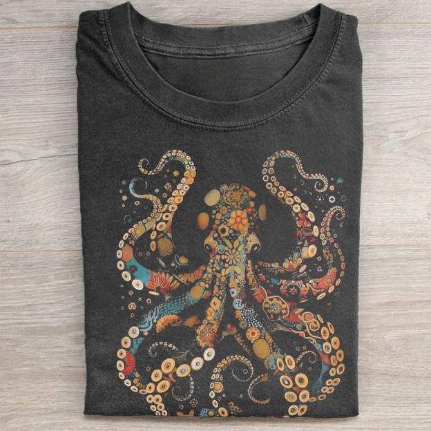Vintage Flower Patterns Floral Octopus  Washed Tee 