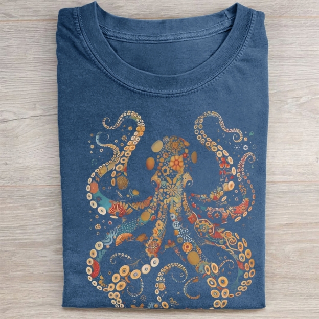 Vintage Flower Patterns Floral Octopus  Washed Tee 